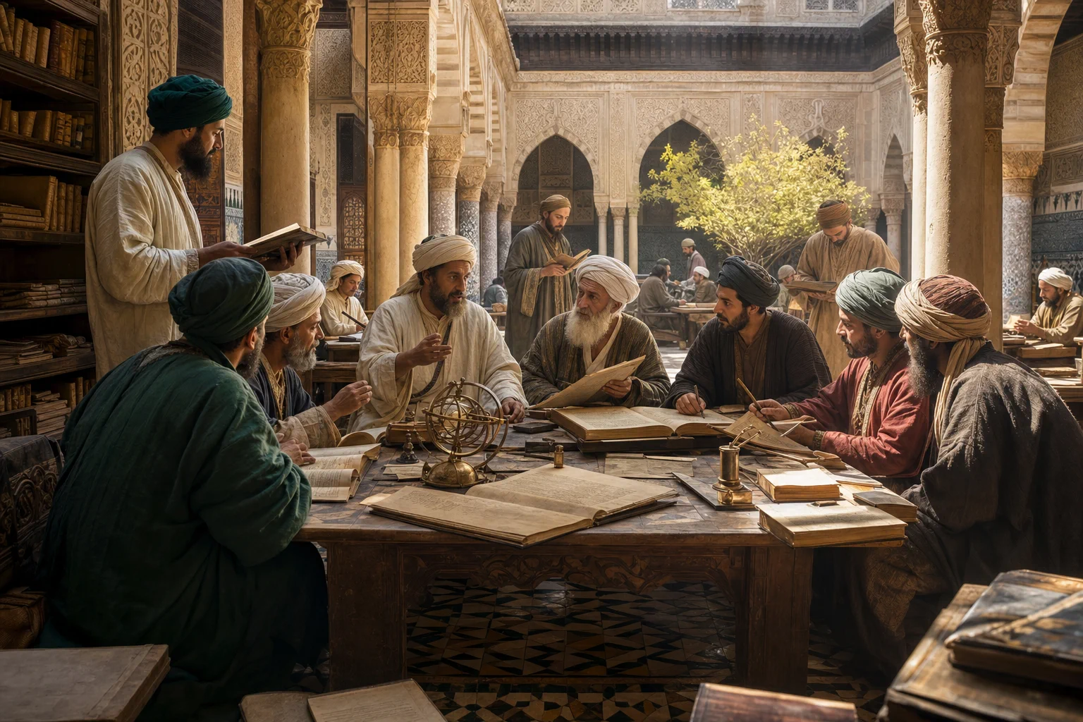 Fatimid-era scholars studying geometry and manuscripts in a Cairo library