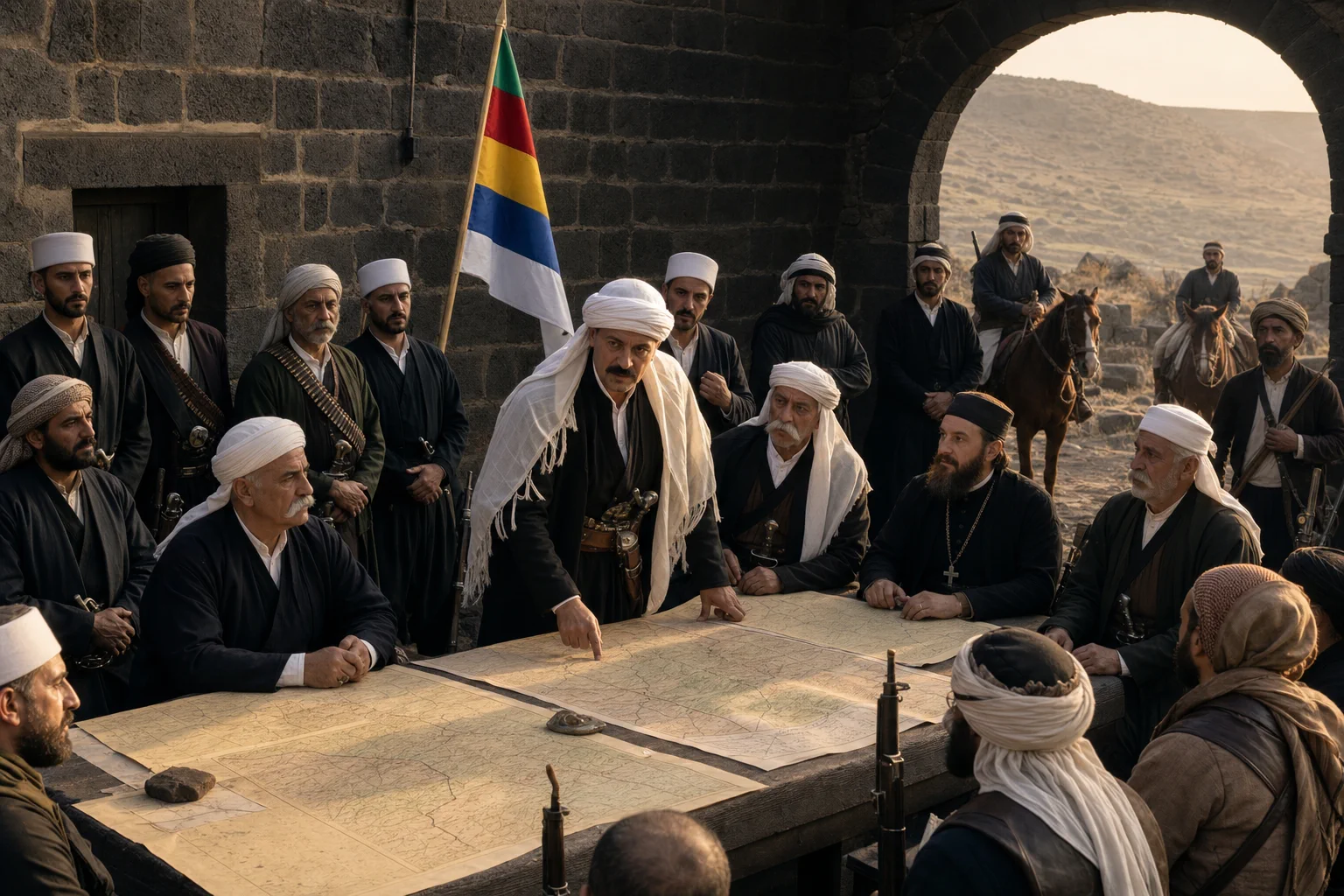 Sultan al-Atrash meeting Druze and allied leaders during the Great Syrian Revolt