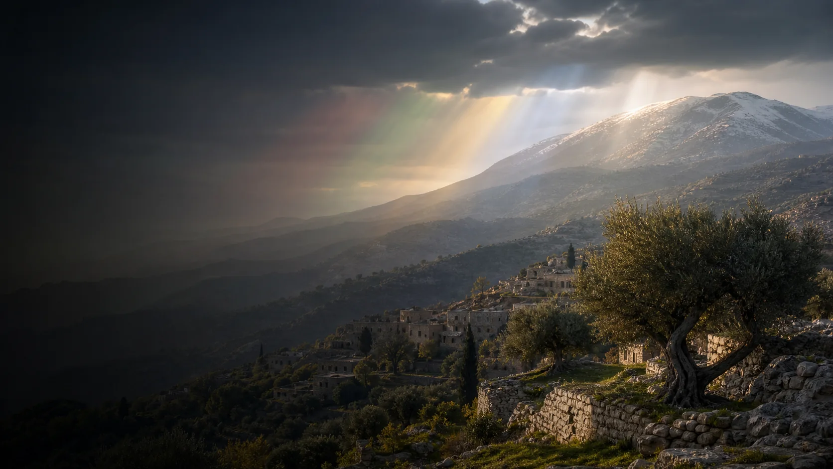 Sunlight breaking over Mount Hermon and a mountain village