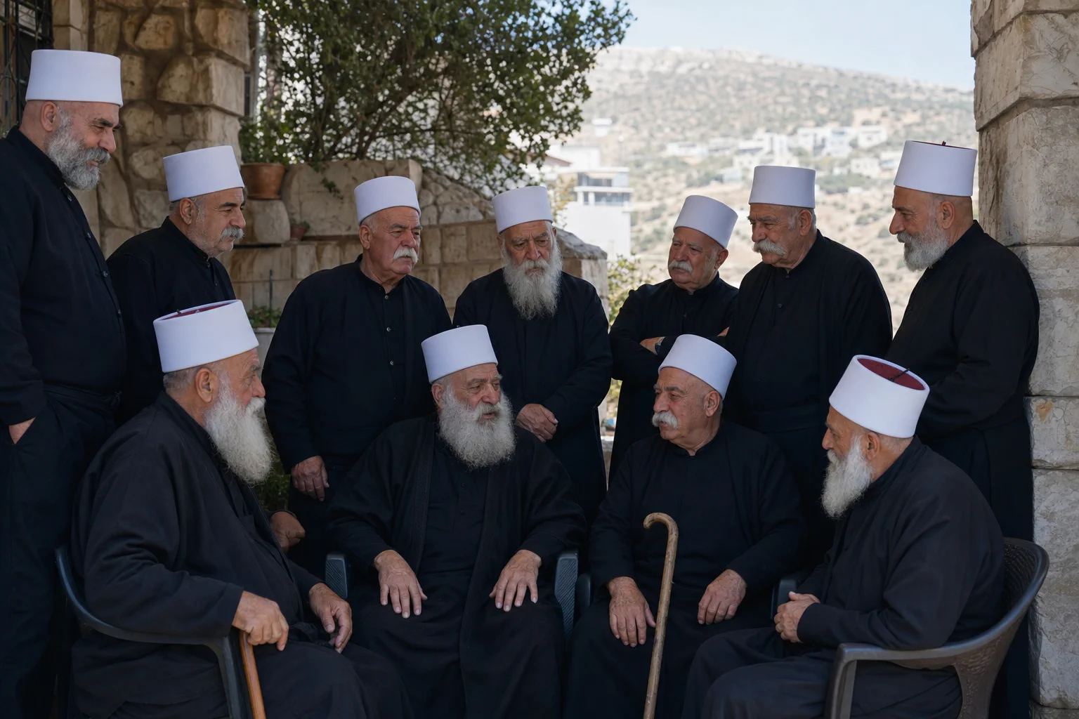 A group of modern Druze religious elders in black robes and white laffa head coverings