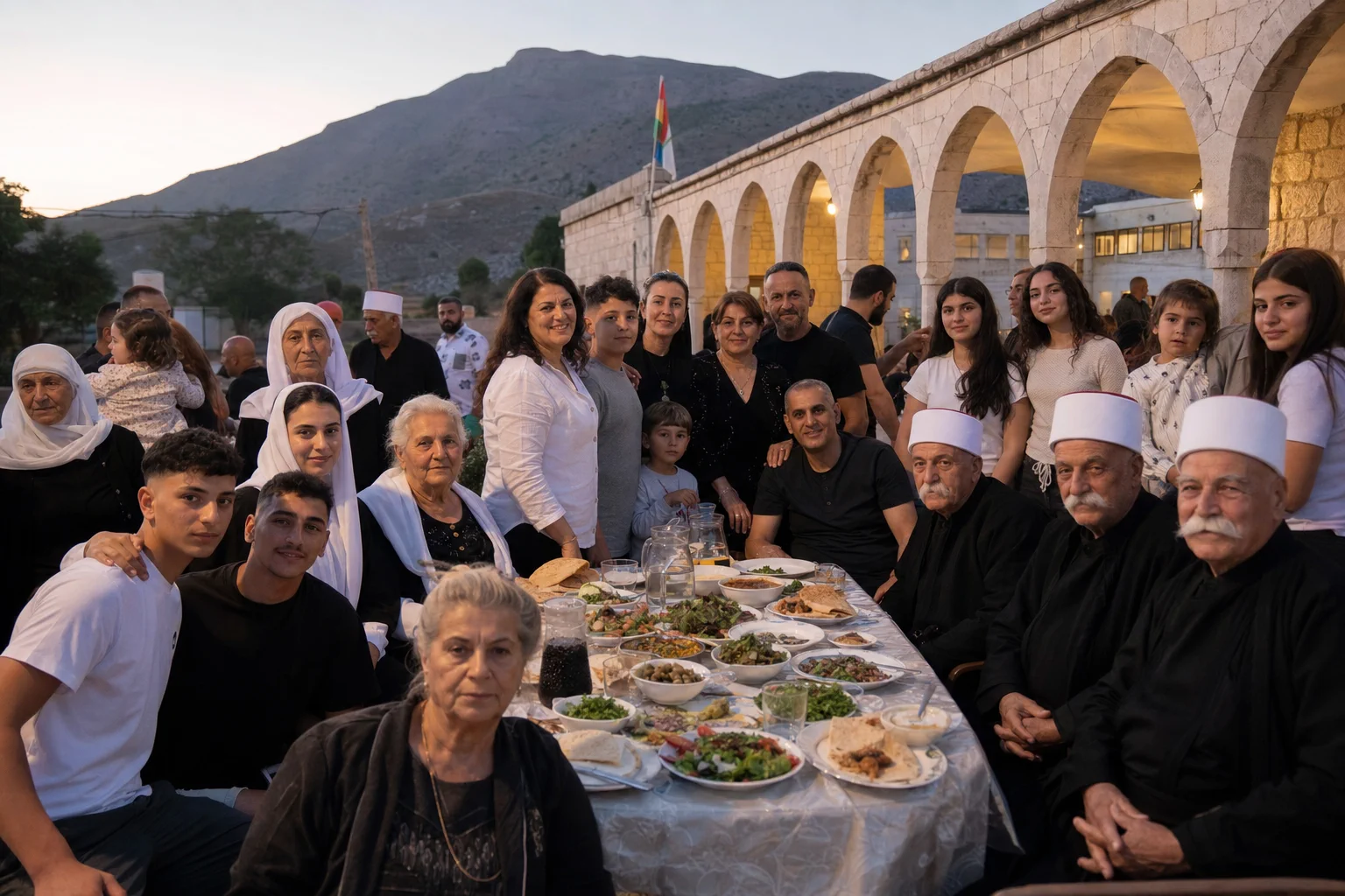 A modern multigenerational Druze family gathering in a stone courtyard