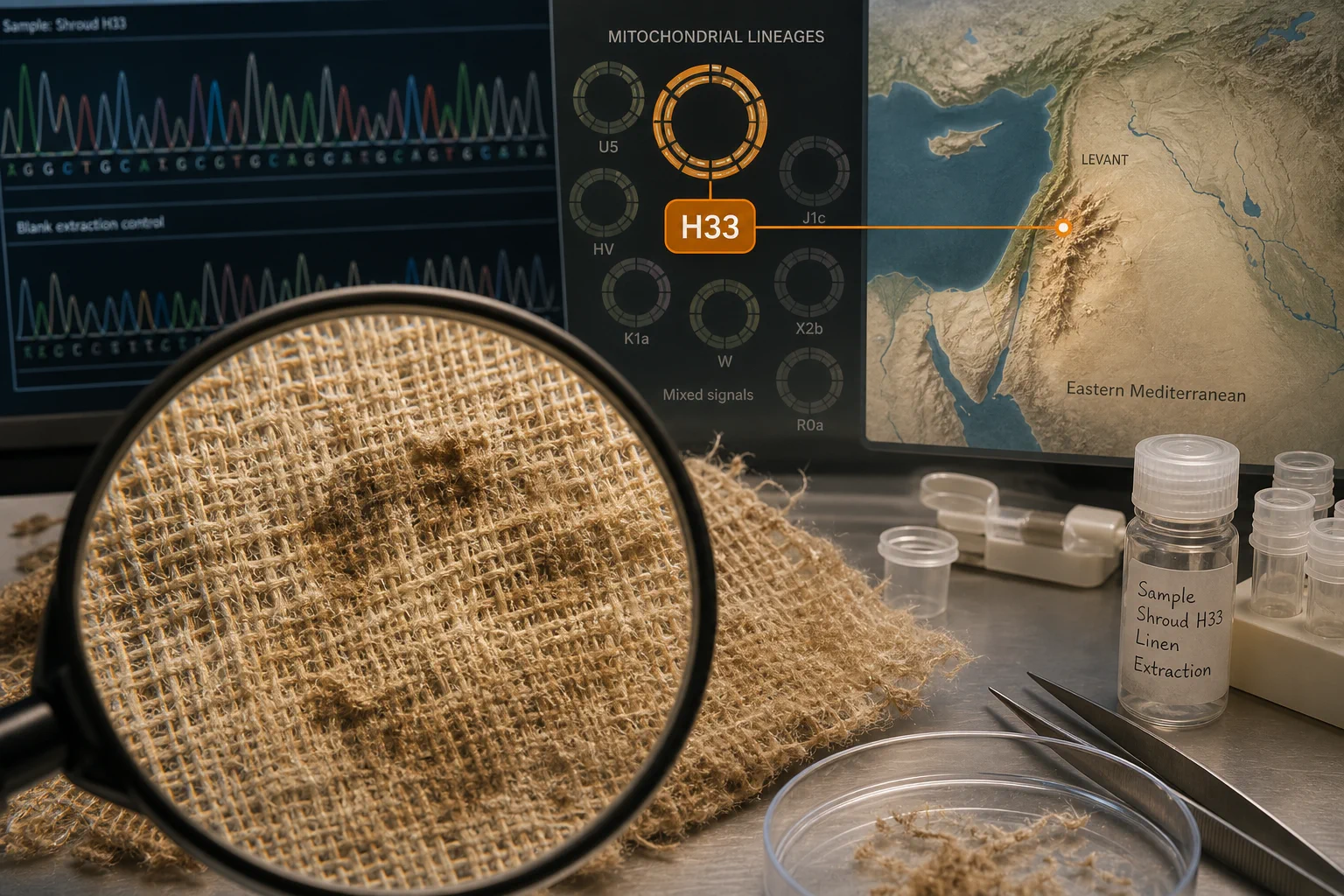 Ancient linen beside an H33 genetic marker and a map of the Levant