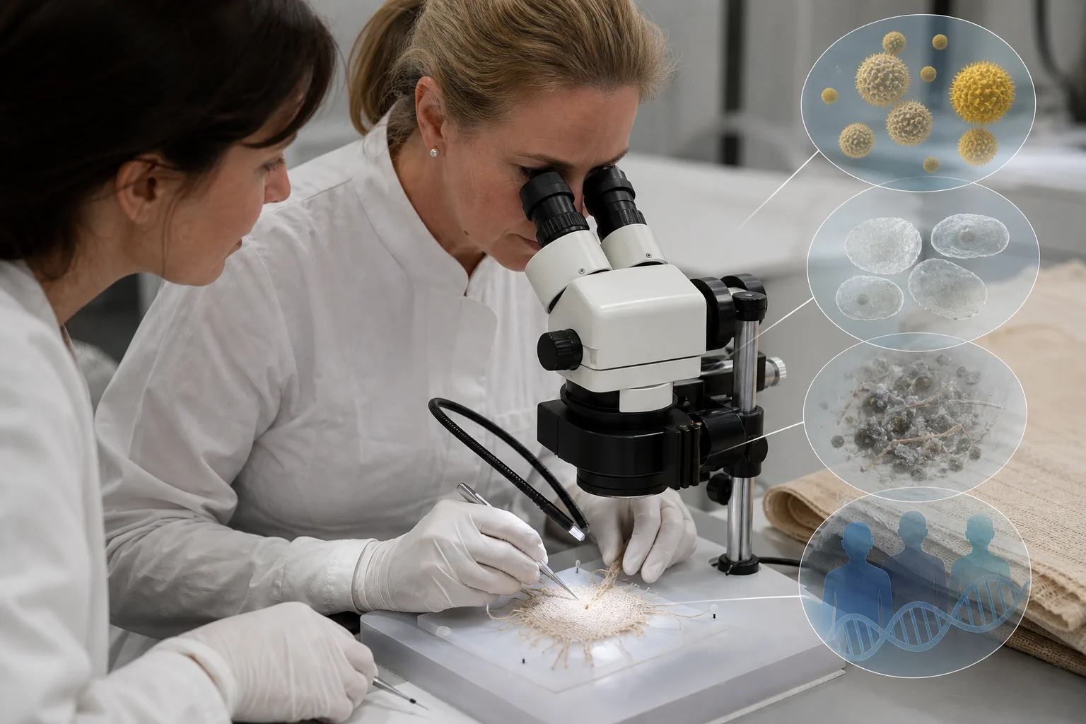 Conservators mapping multiple colored genetic samples across an ancient linen cloth