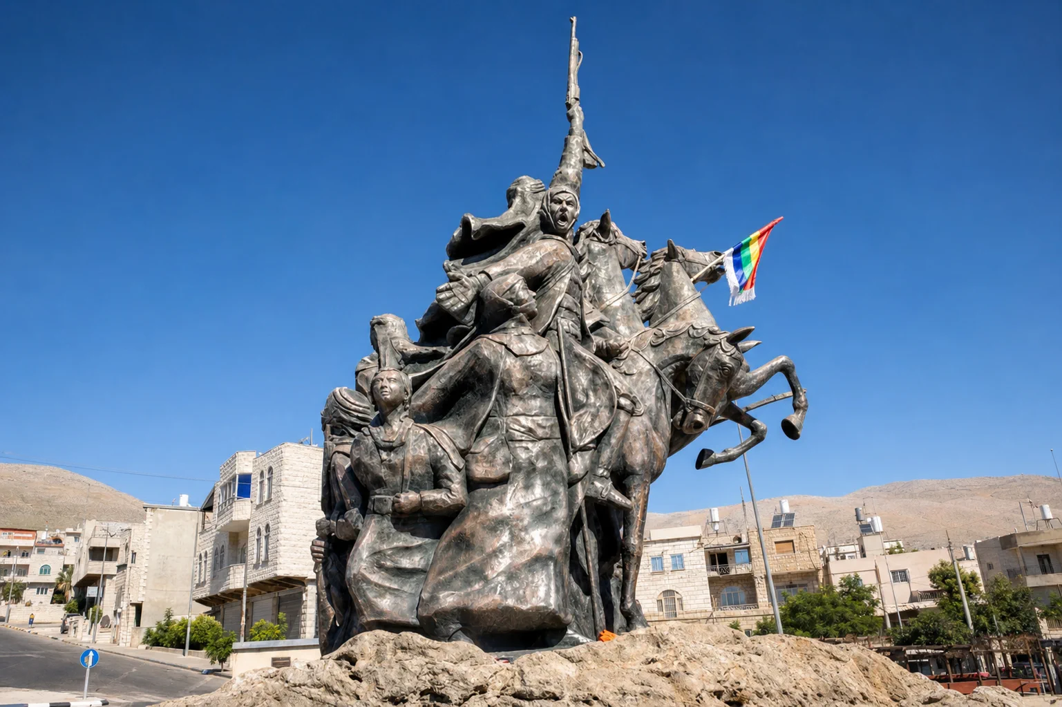 The Sultan al-Atrash monument at Majdal Shams with riders and a five-color Druze flag